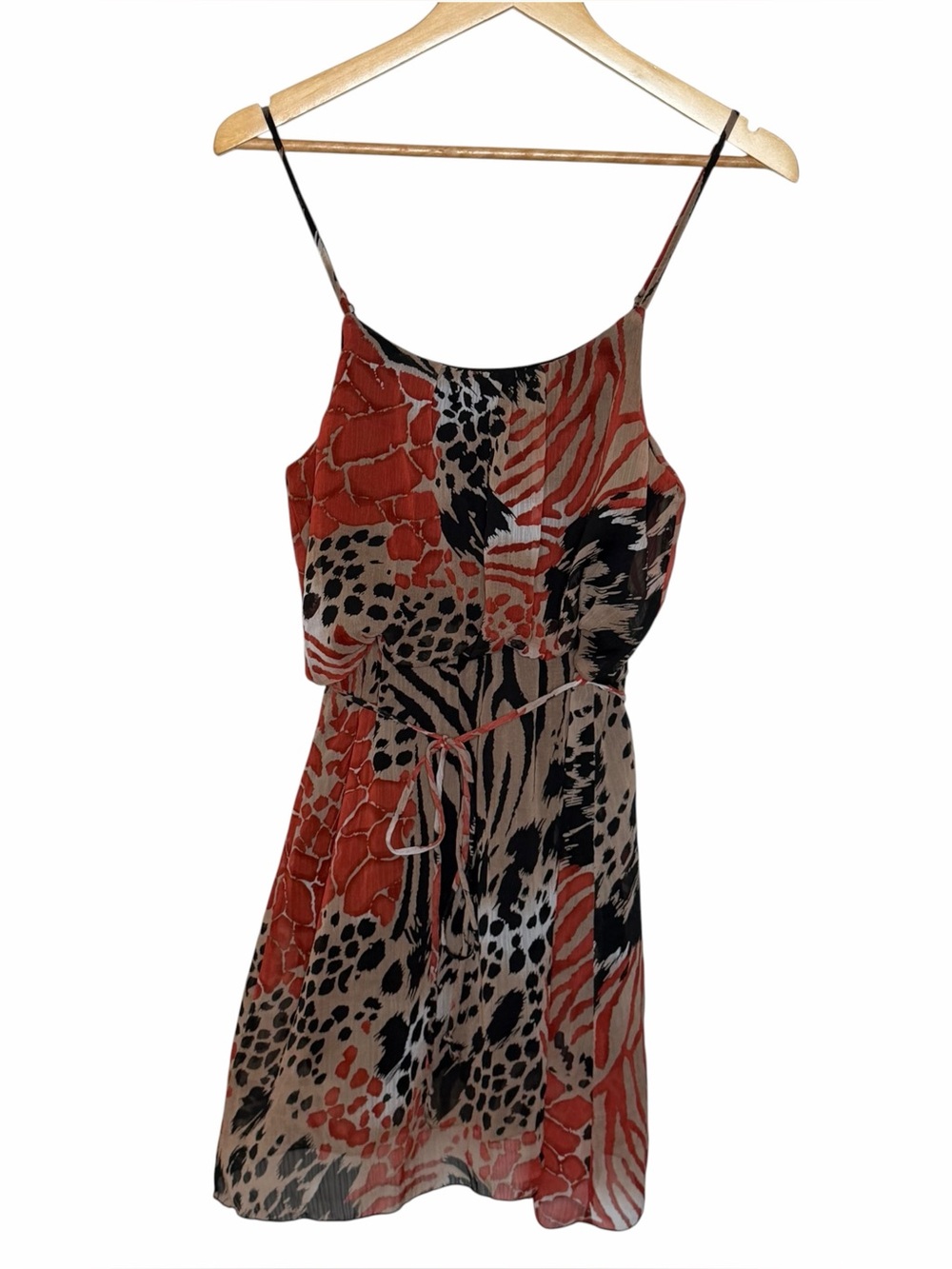 Poetry Spaghetti Strap Orange brown Animal Print mini sheer Dress size small
